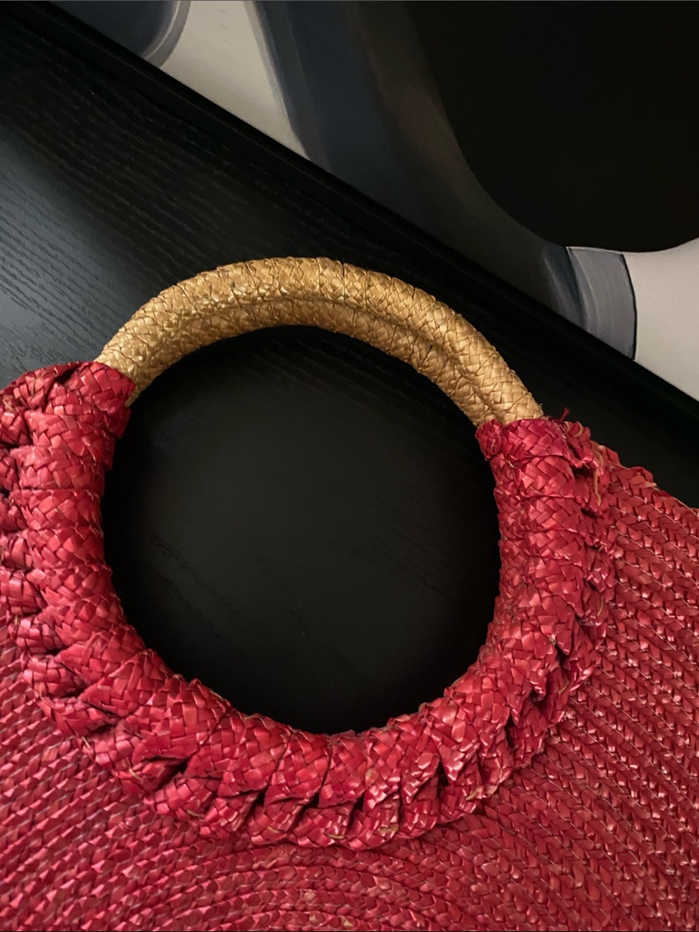 Vintage 80’s Round Boho Red Raffia Handbag - Picture 5 of 11